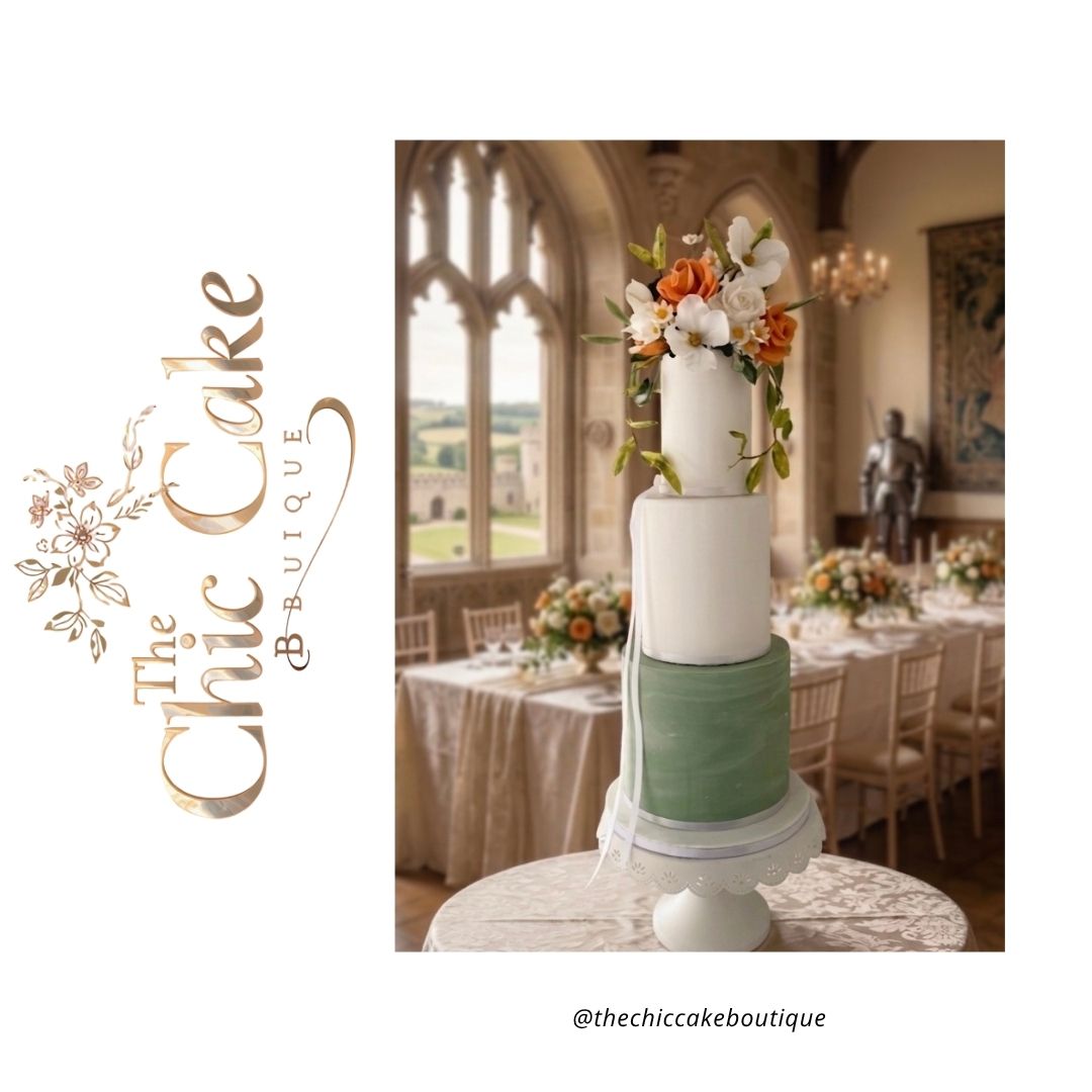 Tall statuesque tiered wedding cake featuring a sage green marbled bottom tier, smooth white top tiers, and a vibrant orange and white sugar floral topper inside a grand castle banquet hall. This sage green and orange wedding cake made by the chic cake boutique serving Munster Ireland