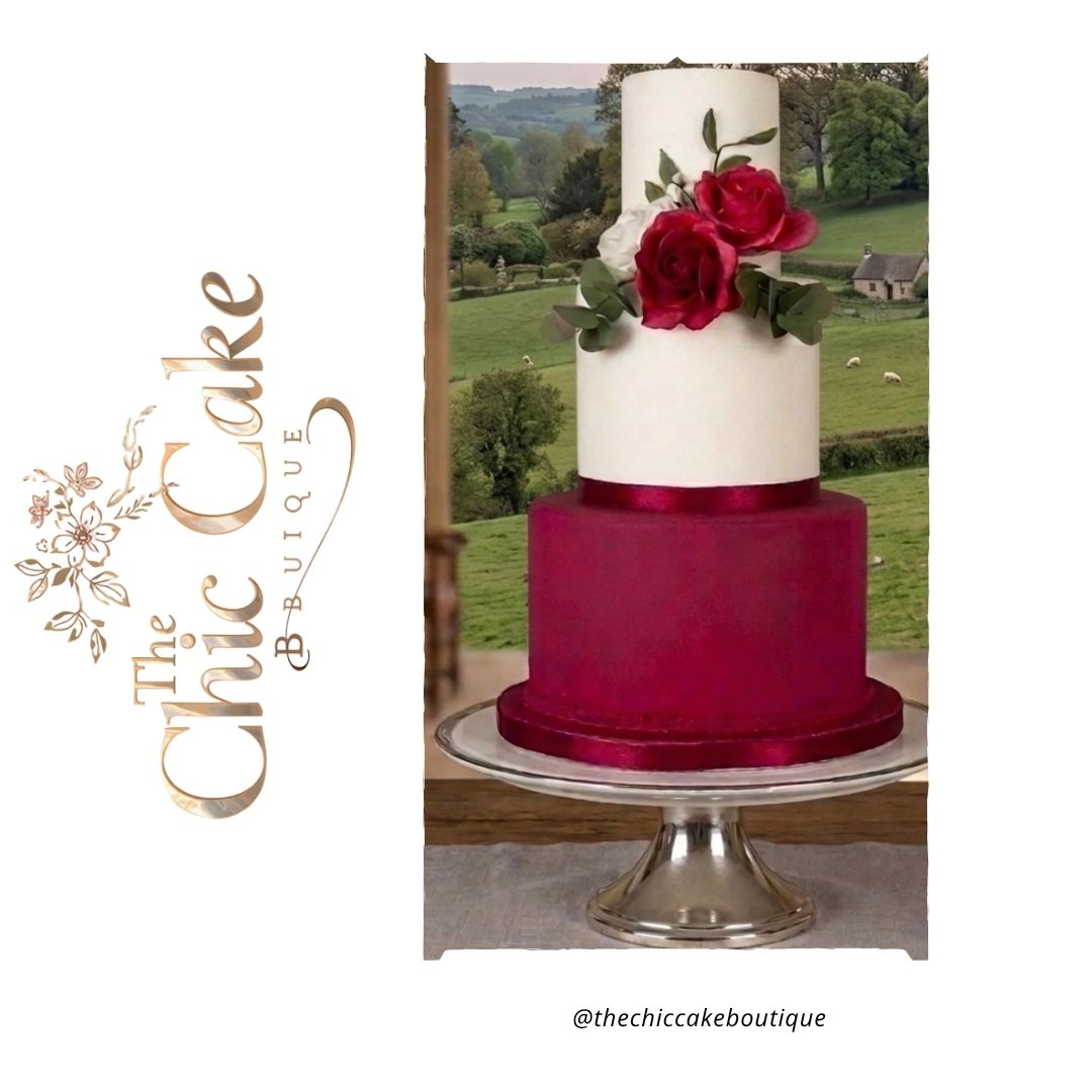 Elegant 3 tier wedding cake with a deep burgundy bottom tier, smooth white top tiers, and crimson sugar roses, displayed on a silver stand in front of a scenic estate archway window. This burgundy and white wedding cake with sugar flowers by The Chic Cake Boutique serving Munster Ireland