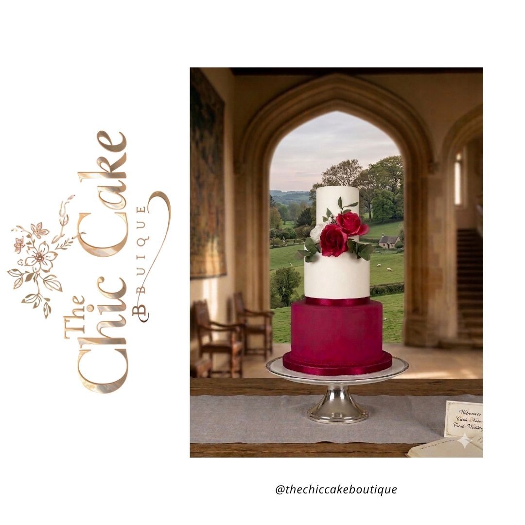 Elegant 3 tier wedding cake with a deep burgundy bottom tier, smooth white top tiers, and crimson sugar roses, displayed on a silver stand in front of a scenic estate archway window. This burgundy and white wedding cake with sugar flowers by The Chic Cake Boutique serving Munster Ireland