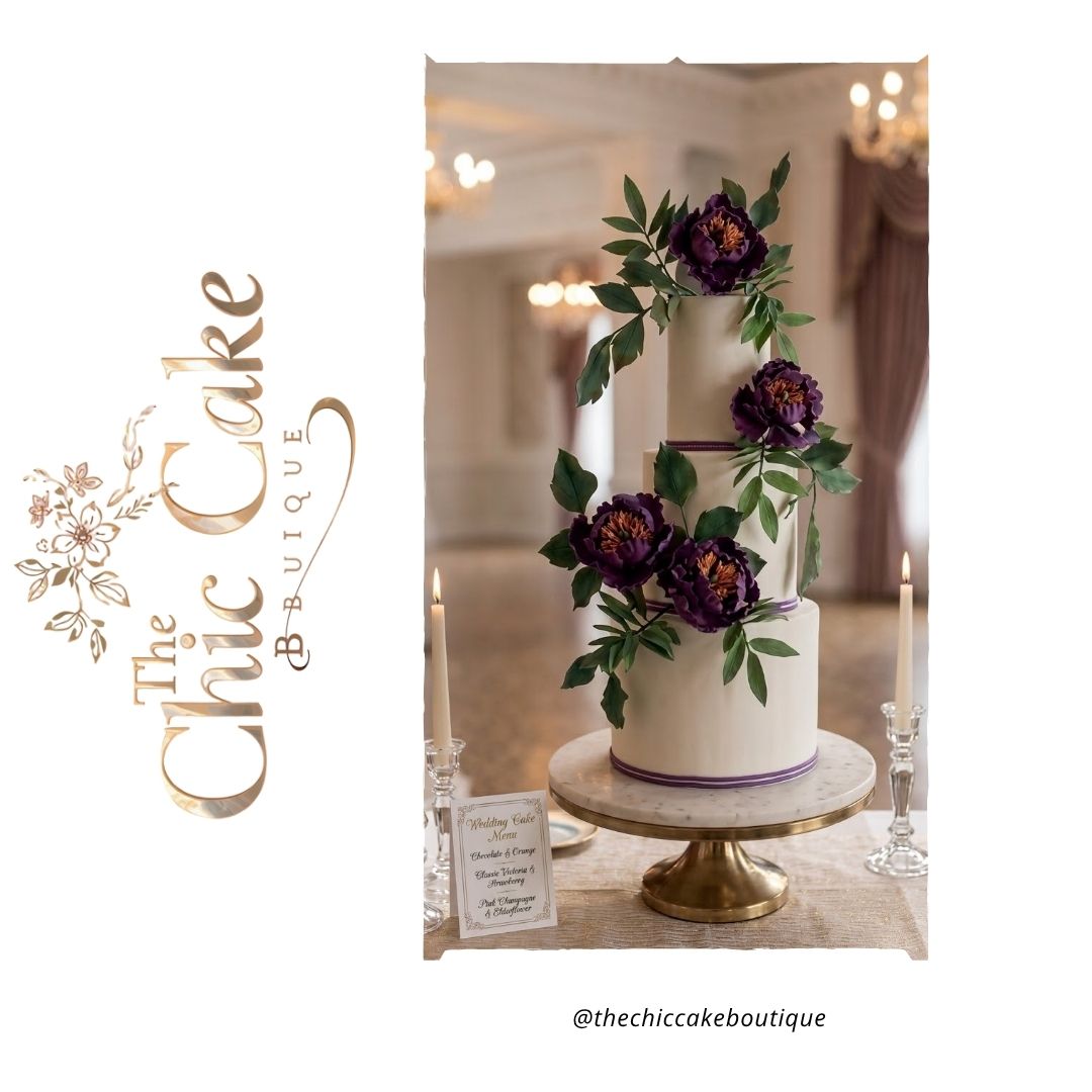 Modern three tiered smooth white wedding cake on a gold stand decorated with cascading dark purple sugar peonies and green foliage, set against an outdoor estate garden path. This plum wedding cake sugar peony's by the chic cake boutique serving Munster Ireland
