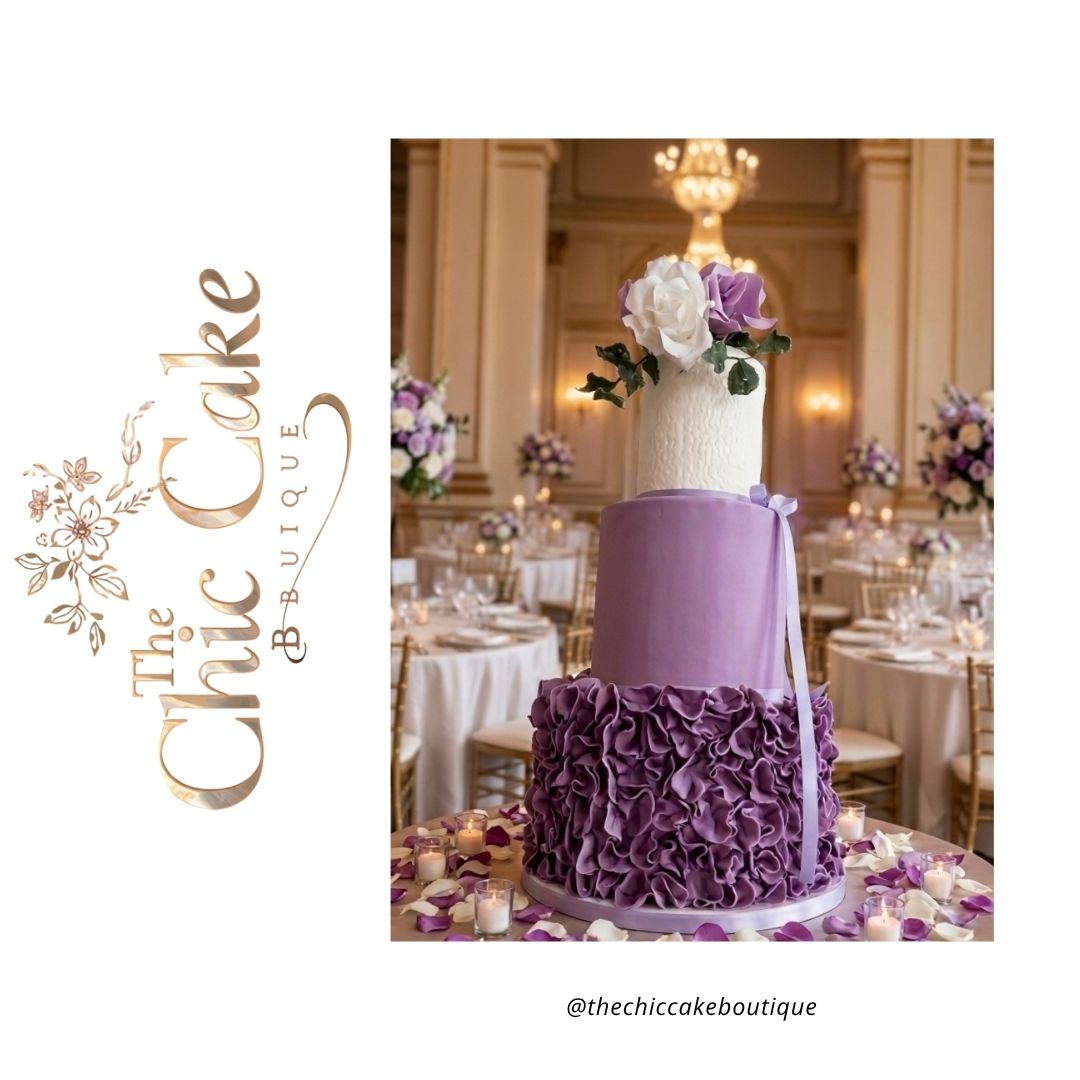 Luxurious 3 tier purple and white wedding cake with an intricate dark purple ruffled fondant bottom tier and lavender middle tier, setup in a grand hotel ballroom. This purple Ombre wedding cake with fondant ruffle and sugar flowers is made by the chic cake boutique serving Munster Ireland
