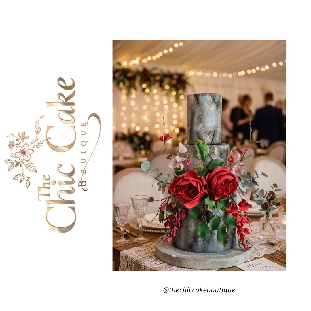 Three tiered industrial stone effect wedding cake with textured grey and gold leaf fondant, decorated with dramatic red sugar roses and dark berries under warm marquee fairy lights. This alternative gothic style wedding cake with textured fondant designs made by the chic cake boutique serving Munster Irelamd